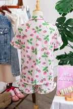 Pink Striped Strawberry Print Lapel Shirt Drawstring Shorts 2pcs Pajama Set