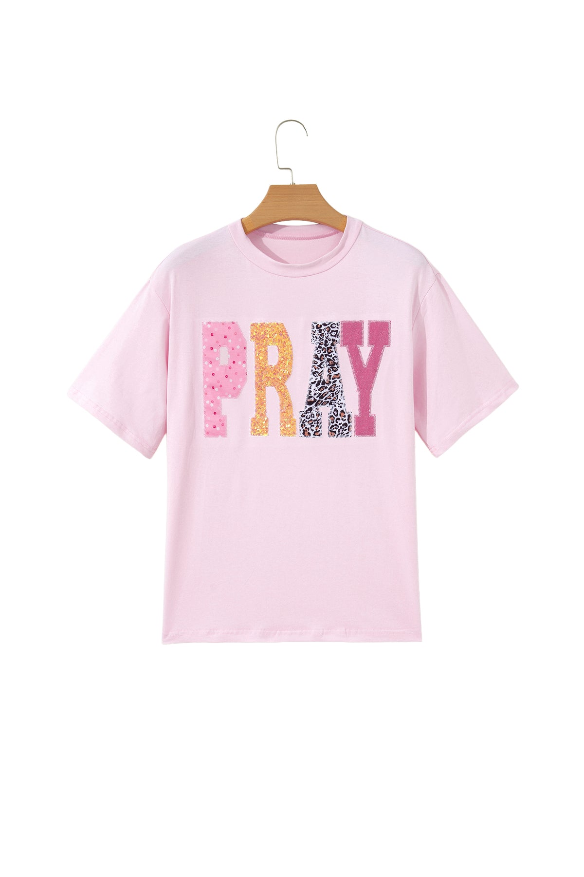 Pink PRAY Sequin Leopard Multiple Patched Graphic Tee