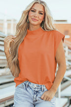 Black Solid Color High Neck Cap Sleeve Loose Top