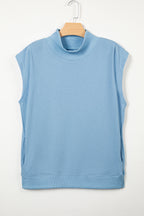 Black Solid Color High Neck Cap Sleeve Loose Top
