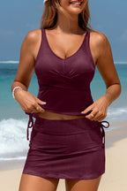 Black Ribbed Knit Crossed Detail Tank Skort 2pcs Swimsuit