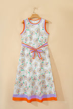 White Floral Print Color Block Trim Belted Sleeveless Maxi Dress