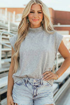 Black Solid Color High Neck Cap Sleeve Loose Top