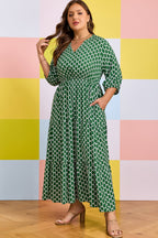 Green Plus Size Geometric Print Pocketed Ruffle Hem Casual Dress
