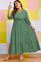 Green Plus Size Geometric Print Pocketed Ruffle Hem Casual Dress