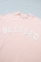 Light Pink BLESSED Embroidered Trim Patch Graphic Plus Size Mock Neck Sweatshirt