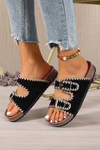 Black Embroidered Trim Retro Buckle Faux Suede Slippers