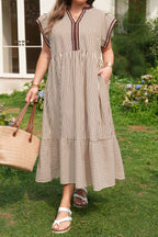 Brown Stripe Plus Size Slit V Neck Tiered Flutter Sleeve Maxi Dress