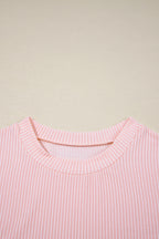 Pink Corded Knit Color Block Pocketed Crew Neck T Shirt