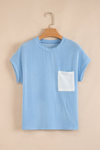 Dark Blue Corded Knit Color Block Pocketed Crew Neck T Shirt