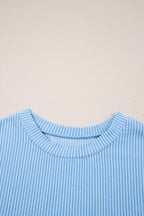 Dark Blue Corded Knit Color Block Pocketed Crew Neck T Shirt