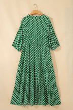 Green Plus Size Geometric Print Pocketed Ruffle Hem Casual Dress