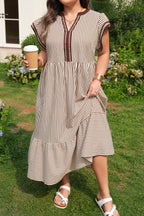 Brown Stripe Plus Size Slit V Neck Tiered Flutter Sleeve Maxi Dress