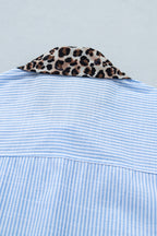 Sky Blue Stripe Leopard Contrast Collar Short Sleeve Shirt