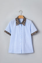 Sky Blue Stripe Leopard Contrast Collar Short Sleeve Shirt