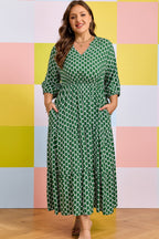 Green Plus Size Geometric Print Pocketed Ruffle Hem Casual Dress
