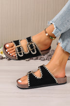 Black Embroidered Trim Retro Buckle Faux Suede Slippers