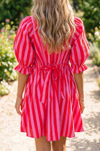 Red Stripe Half Button Puff Sleeve Loose Mini Dress