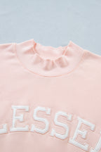 Light Pink BLESSED Embroidered Trim Patch Graphic Plus Size Mock Neck Sweatshirt