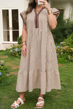 Brown Stripe Plus Size Slit V Neck Tiered Flutter Sleeve Maxi Dress